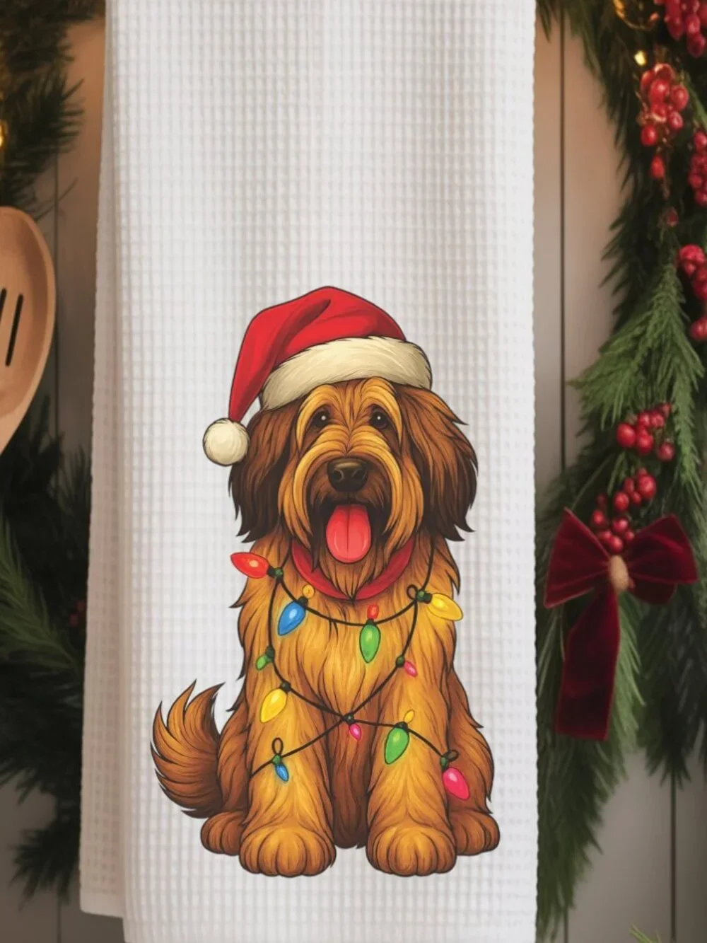 Briard Christmas Lights Decorative Kitchen Tea Towel